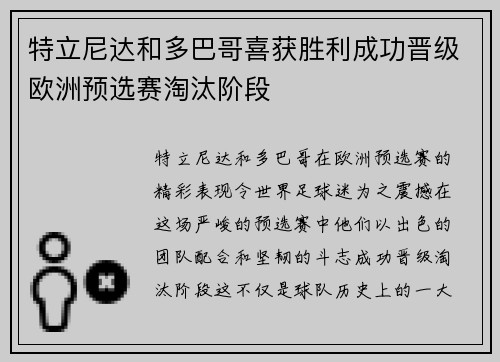 特立尼达和多巴哥喜获胜利成功晋级欧洲预选赛淘汰阶段